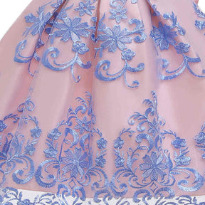 Girl Flower Lace Printed Cotton Elegant Tulle Bow Belt Princess Dress-Pink