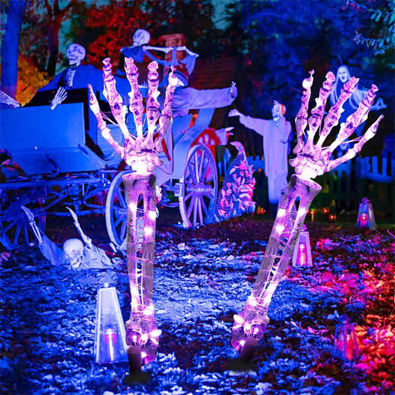 2 Pcs Halloween Skeleton Hands Outdoor Decor with 100 Purple LED Lights