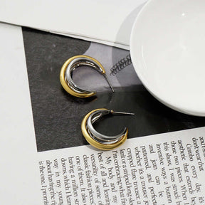 Crescent Grooved Two Tone Hoops Earrings for Women