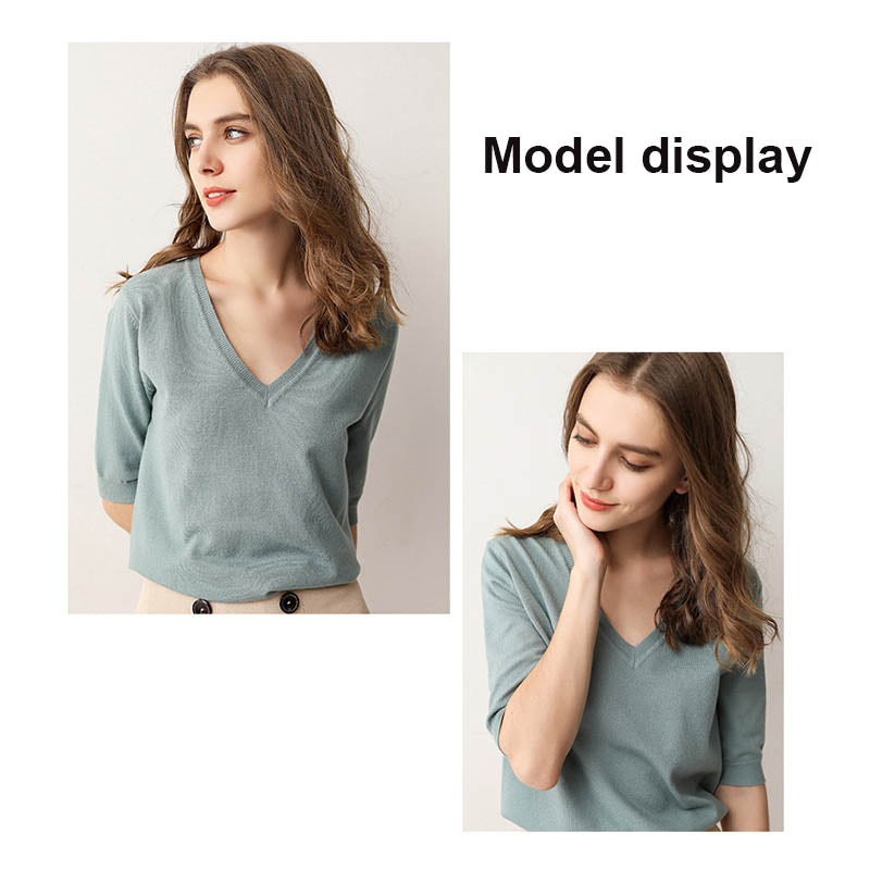 Womens V Neck Sweaters Soft Tops Knit Casual Solid Pullover-Blue