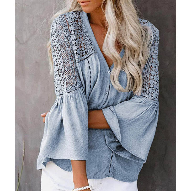 Womens V-neck Lace Crochet Shirt Flare Sleeve Buttoned Blouses-Sky Blue