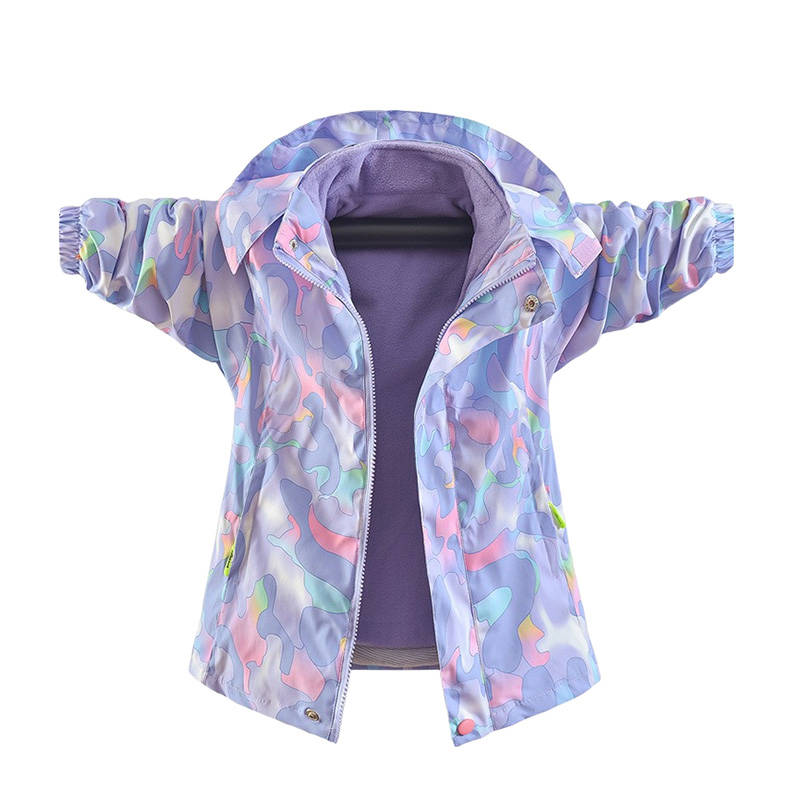 Girls Outdoor Jacket Floral Fleece Removable Light Windproof with Hood-Purple