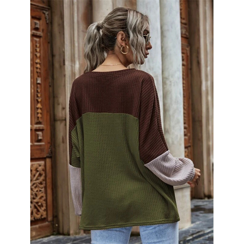 Women Waffle Color Block Sweatshirt Long Sleeve-Army Green