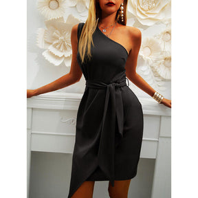 Solid Color Sleeveless Sloping Shoulder Strap Party Cocktail Dress-Black