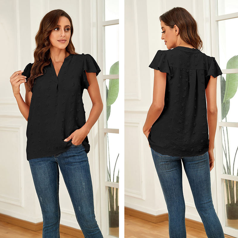 Womens Ruffle Shirts V Neck Short Sleeve Pom Chiffon Blouses Tops-Black