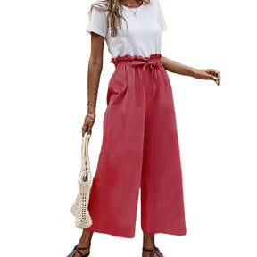 Womens Cropped Wide Leg Pant Elastic Solid Loose Fit Casual Trouser-Wine Red