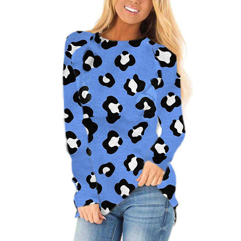 Womens Leopard Print Crewneck Loose Top Long Sleeve-Blue