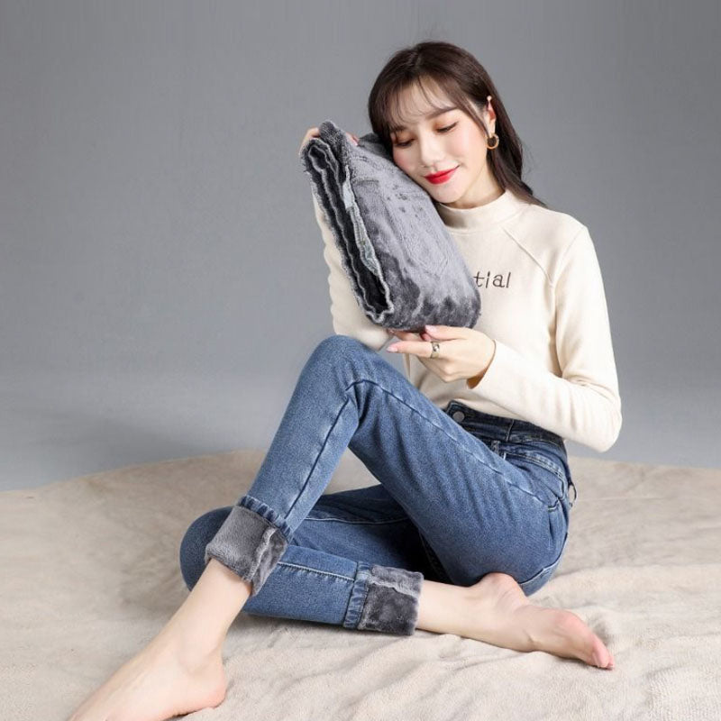 Womens Fleece Jeans Stretch Slim Fit High Waist Denim Pants-Retro Blue