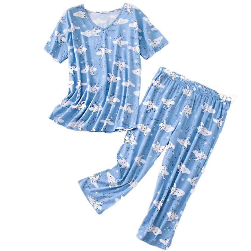 Womens Short Sleeve Casual Prints Pajama Cropped Trousers Set-Blue Moon