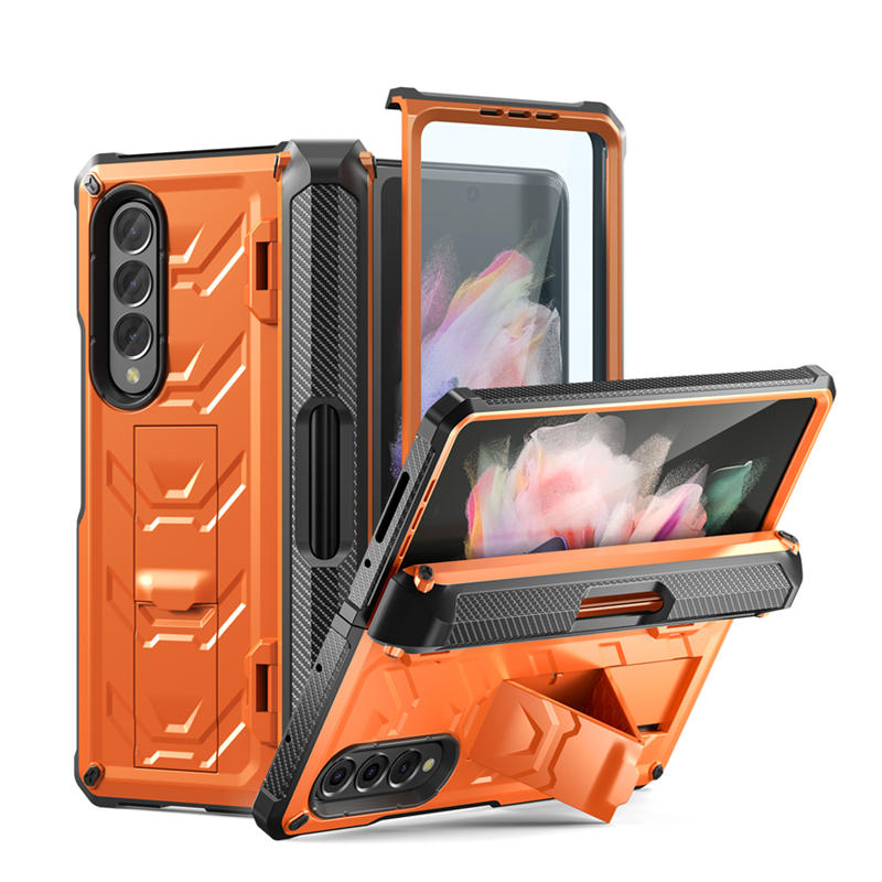 7.6inch Armorer Phone Case Built-in Screen Protector with Kickstand Pen Slot for Galaxy Z Flip 3-Orange