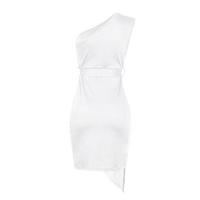 Solid Color Sleeveless Sloping Shoulder Strap Party Cocktail Dress-White