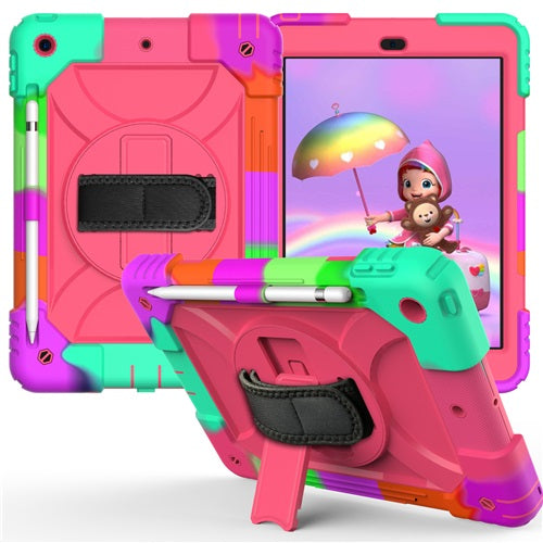 Rainbow iPad Case Armor Cover With Pencil Holder For iPad 7 10.2 2019-Rainbow&Rose Red