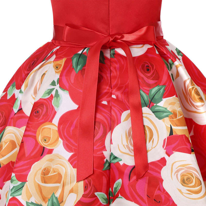 Oblique Shoulder Childrens Dress Rose Print Dress Girls Evening Party Costume-Red