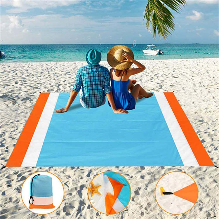 Beach Blanket Large Outdoor Nylon Picnic Mat Sandproof Waterproof-LightBlue White Orange