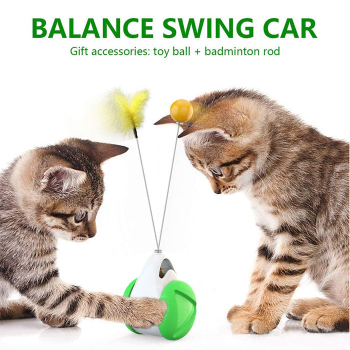 Cat Balance Swing Car Toy with Catnip Ball Feather Stick Interactive Pet Toys-Green