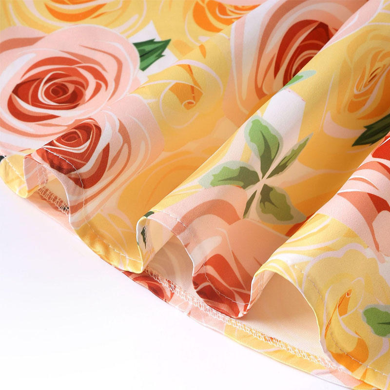 Oblique Shoulder Childrens Dress Rose Print Dress Girls Evening Party Costume-Yellow