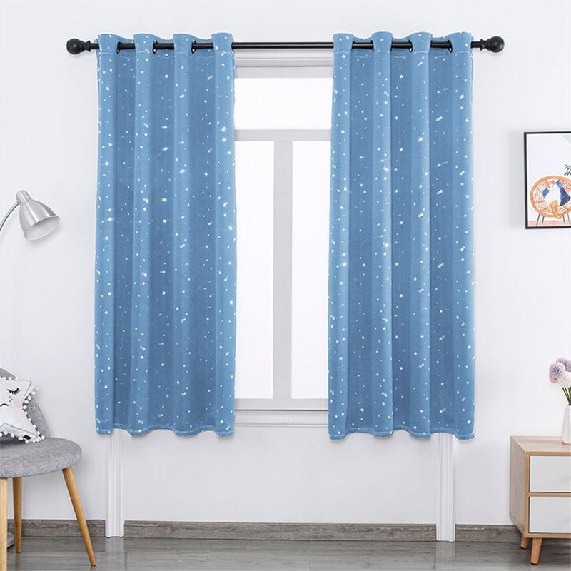 2 Panels Kids Blackout Curtains with Silver Star Print for Bedroom Living Room-Blue