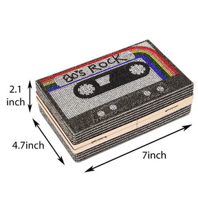 Women Retro Radio Shape Crossbody Bag Rhinestone Metal Vintage Clutch Purses-Black
