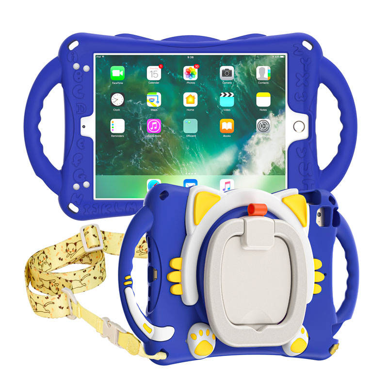 CatB Silicone Case For iPad Mini 5 4 3 2 1 Shockproof Shoulder Strap Handle Stand-Dark Blue