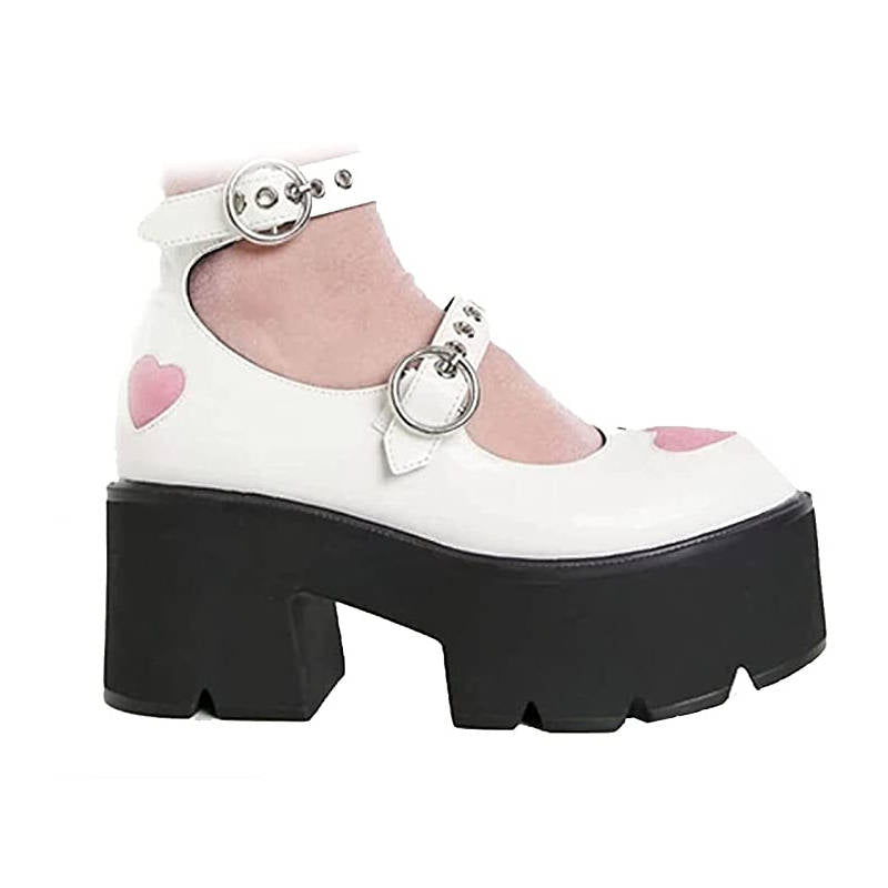 Womens Chunky Heel Goth Platform Mary Jane Lolita Wedges Dress Shoes-White