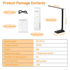 LED Desk Lamp Smart Reading Lamp with USB Charging Port 5 Lighting Modes-Black