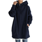 Womens Long Fleece Sweatshirt Simple Full Zip Hoodies-DarkBlue