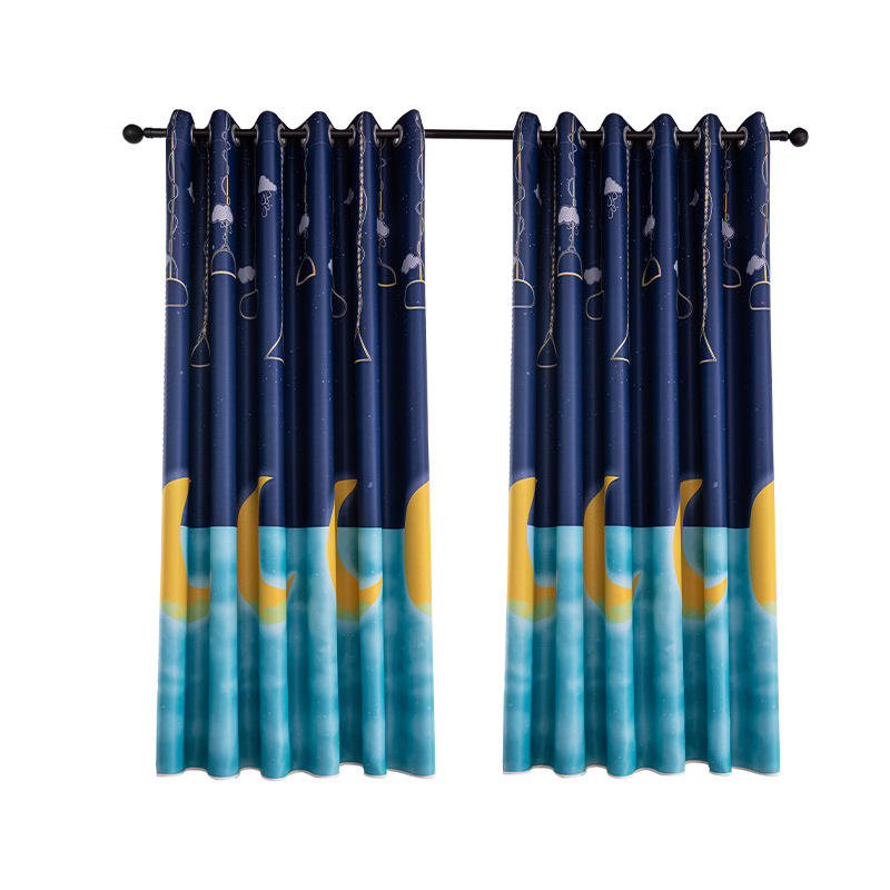 2 Panels Star Moon Window Curtain For Bedroom 39X78in-Blue