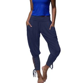 Womens Solid Color High Waist Lace Up Pants Fitness Loose Pants with Pockets-DarkBlue