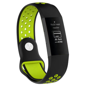 Double Color Porous Breathable Watch Band Silicone Wristband For Fitbit Charge 3 Sport Smartwatch -Black Lime
