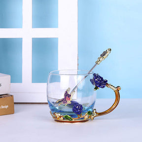 2Pack Enamels Butterfly Flower Tea Cup with Spoon Gifts for Women Wife Mom Her-Blue