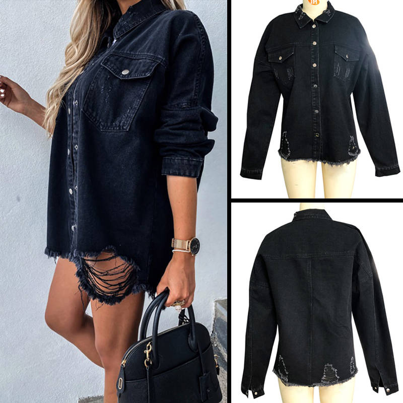 Women Ripped Denim Jacket Boyfriend Mid Long Trucker Coat-Black