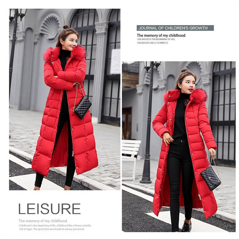 Women Warm Down Jacket with Hood Fur Long Puffer Coat-Red