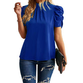 Womens Mock Neck Puff Tops Casual Loose Solid T Shirt Cuffs Pullovers-Blue