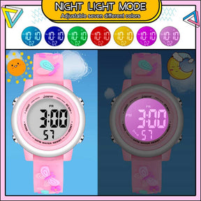 Girls Digital Sport Watches LED with 7 Colors Backlight 3D Butterfly Wristwatch-Pink