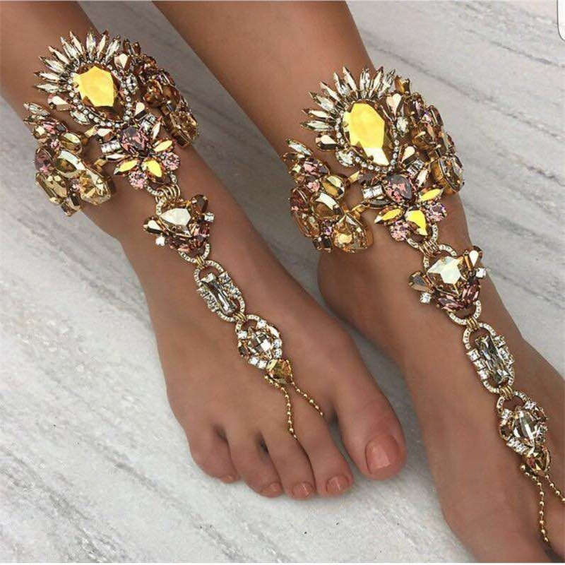 2Pcs Beach Crystal Rhinestone Anklet for Women and Girls-Champagne