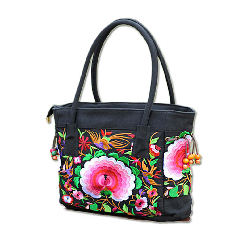 Embroidered Canvas Top Handle Handbag Ladies Casual Vintage Shoulder Bag-RedJasmine