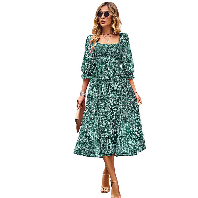 Women Casual Summer Dresses Square Neck Ruffle Floral Boho Maxi Dress-Green