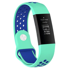 Double Color Porous Breathable Watch Band Silicone Wristband For Fitbit Charge 3 Sport Smartwatch -Teal Blue