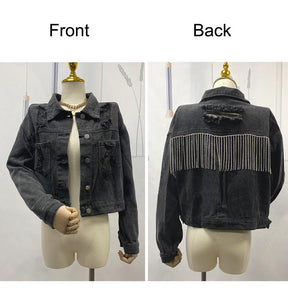 Womens Denim Jacket with Fringe Rhinestones Crop Casual Coat-Black