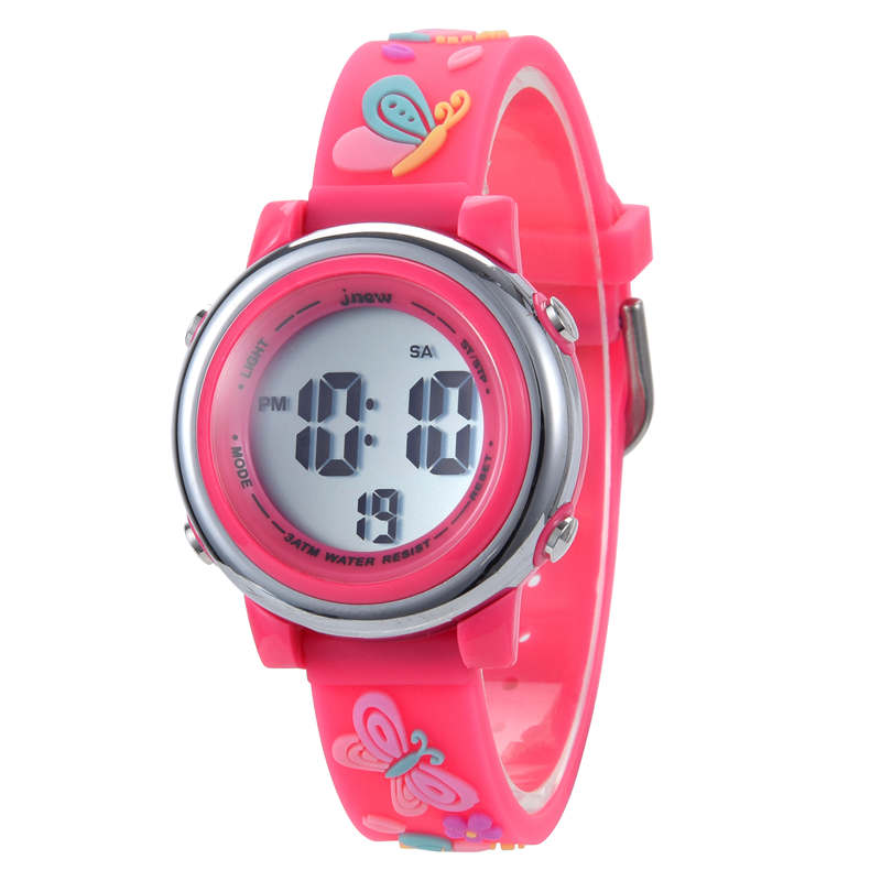 Girls Digital Sport Watches LED with 7 Colors Backlight 3D Butterfly Wristwatch-Red